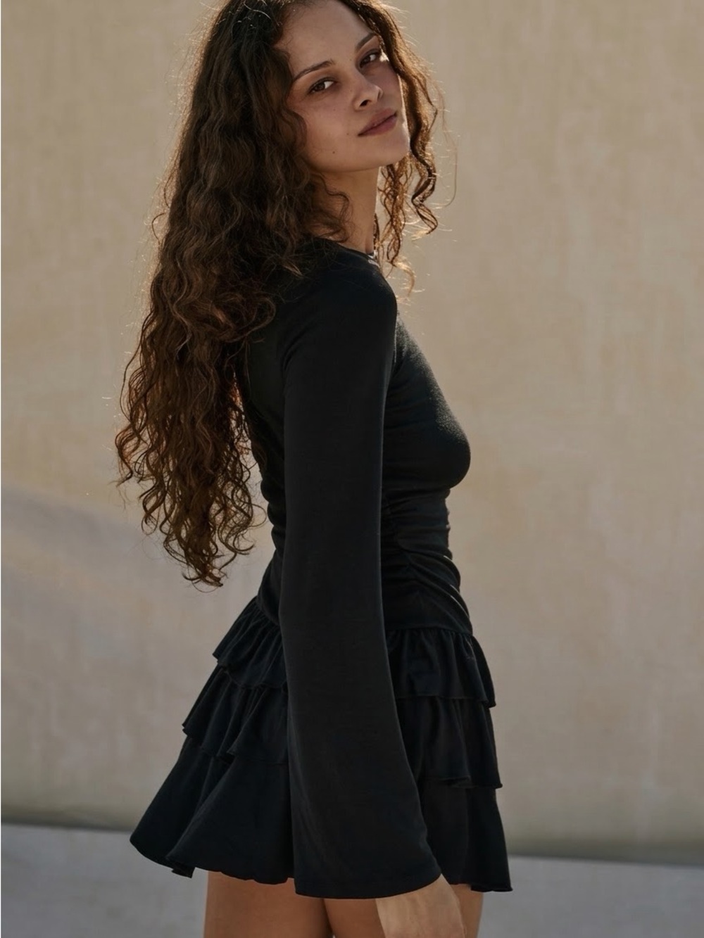 🆕 Free People Black Good Feels Ruffle Long-Sleeve Mini Dress